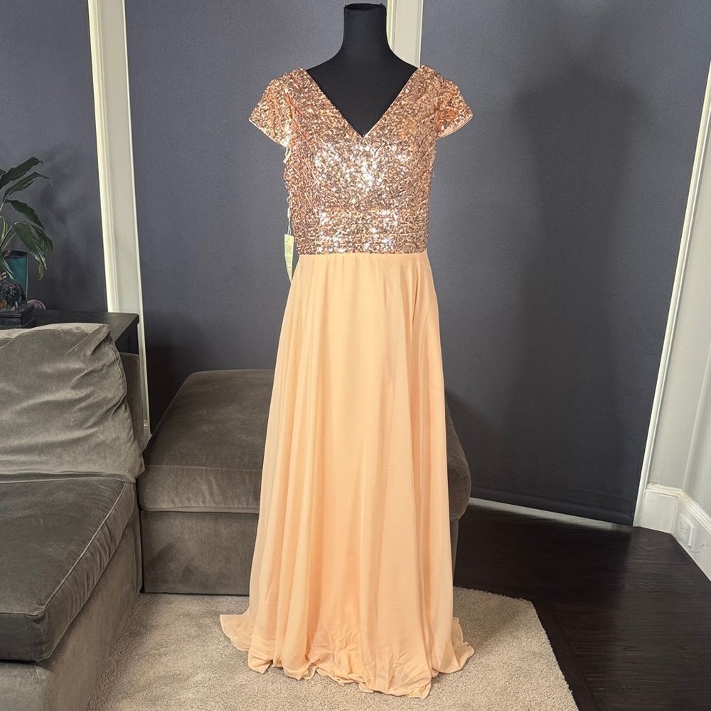 Women’s Full Length Prom Formal Dress Sequined V-Neck Bodice SideZip Size 12 NEW